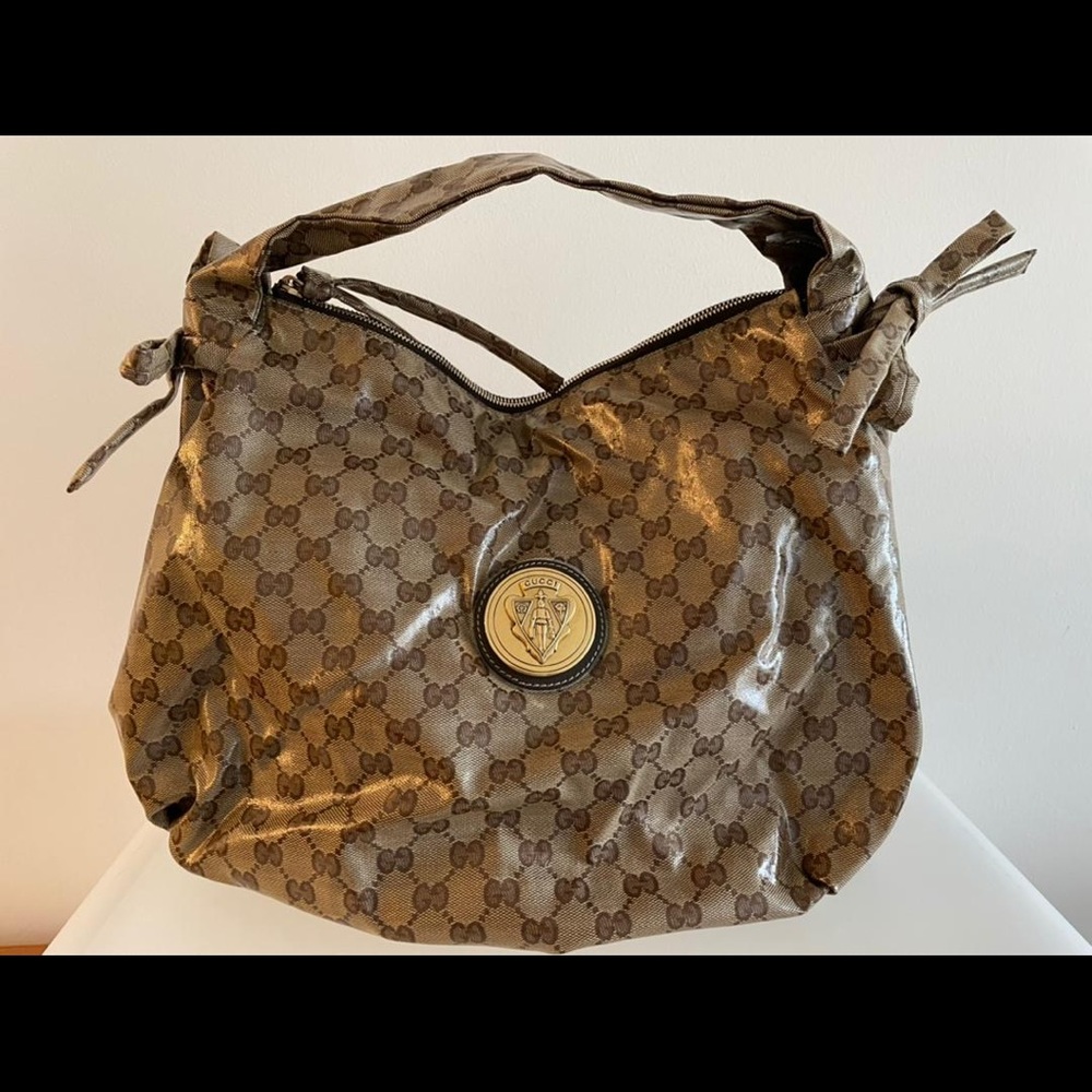 Gucci Brown GG Crystal Canvas Small Hysteria Hobo